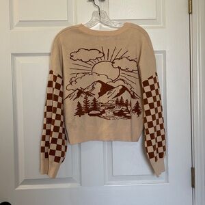 Altar’d State Beige Cardigan with Brown Checkered Sleeves